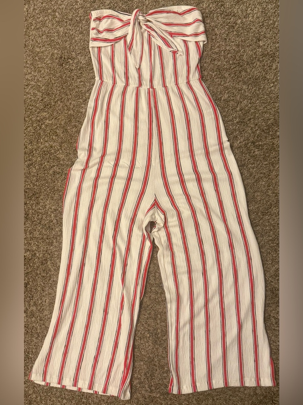 Love Tree White Strapless Tie-Front Jumpsuit with Red and Navy Stripes